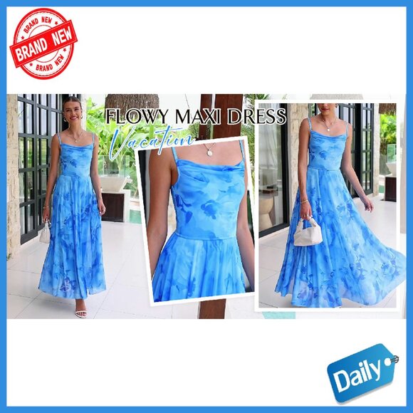 Spaghetti Strap Maxi Dress Lightweight Mesh Floral Print Party Beach - Picture 8 of 8